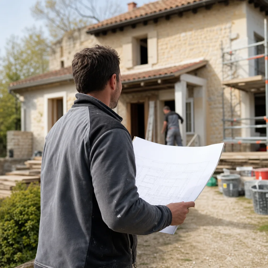 Un artisan souriant tient un plan de rénovation devant une maison en travaux en France.