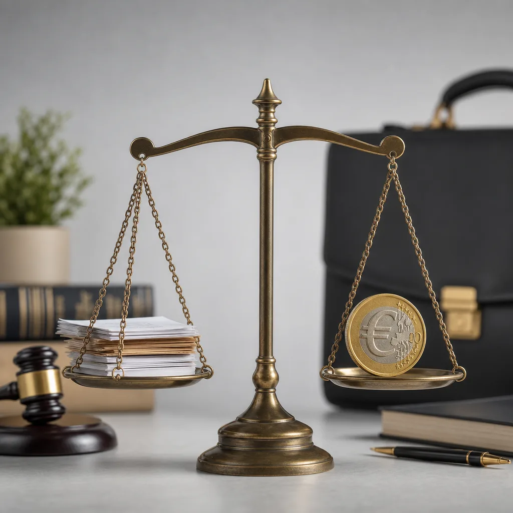 Illustration montrant une balance de justice et un euro, représentant les honoraires d'avocat.