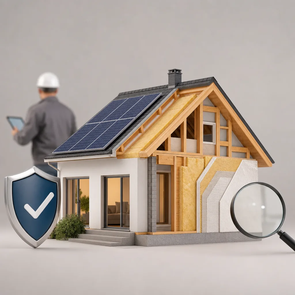 Illustration d'une maison avec des panneaux solaires et une isolation thermique, représentant la rénovation énergétique.