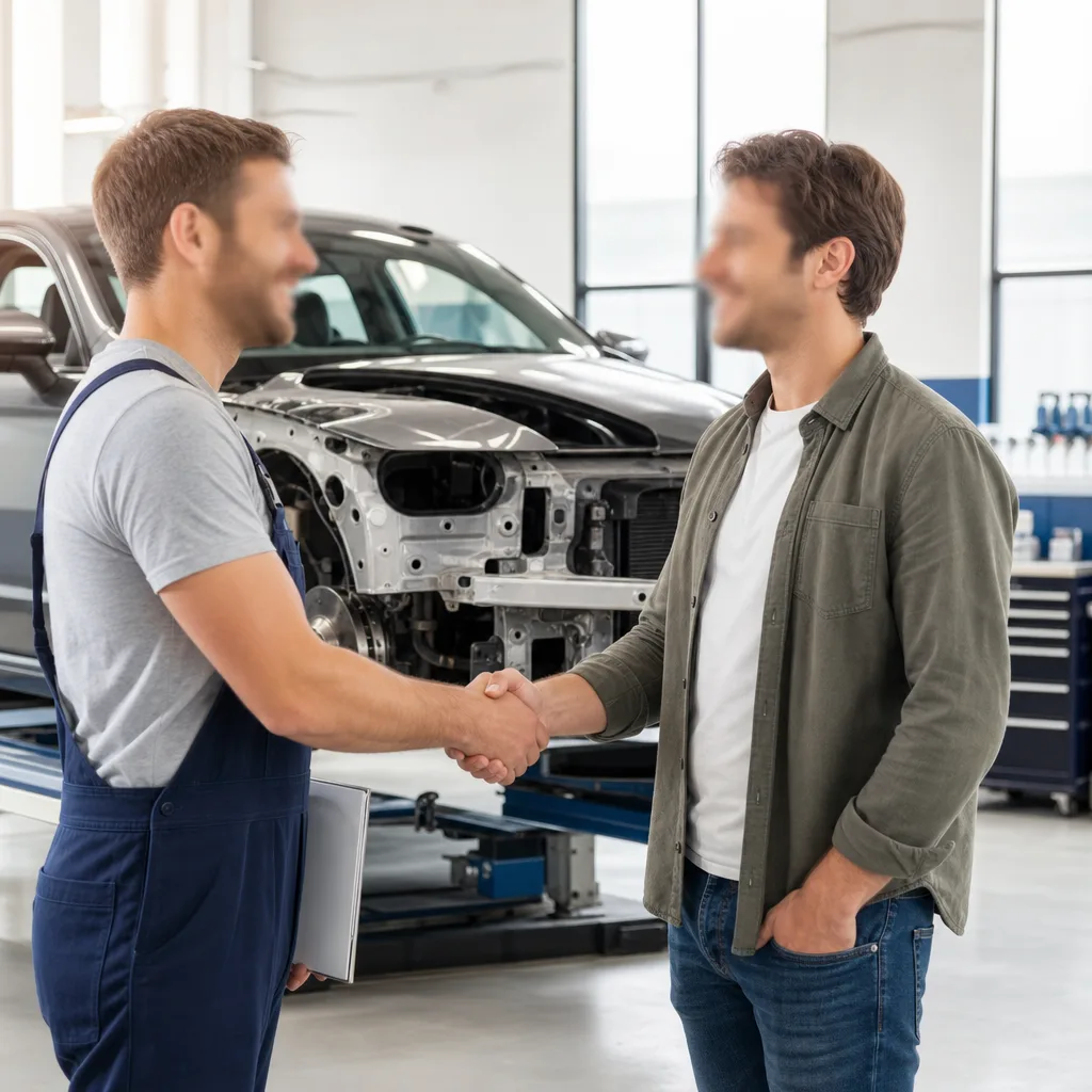 Voiture en cours de réparation de carrosserie dans un atelier professionnel en France