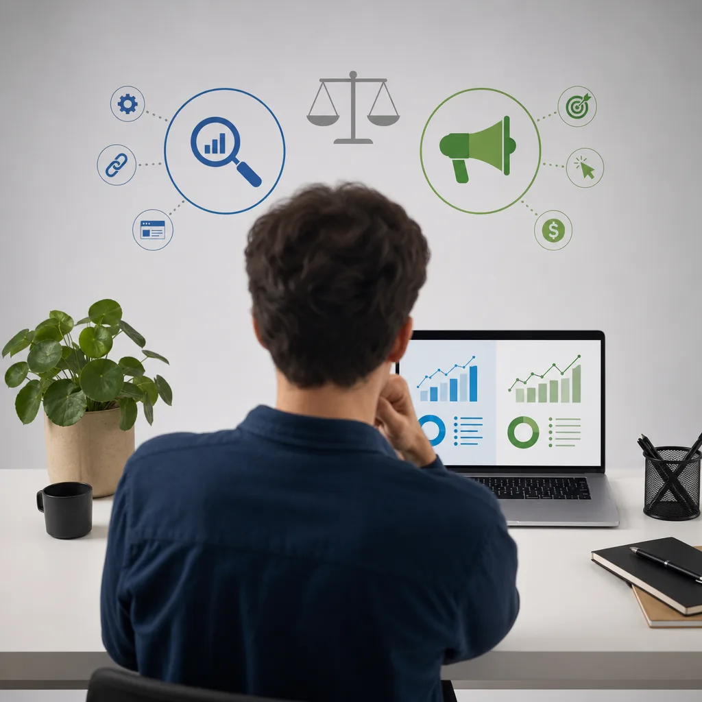 Un graphique comparant les leviers de marketing digital SEO et SEA pour un entrepreneur devant un ordinateur.