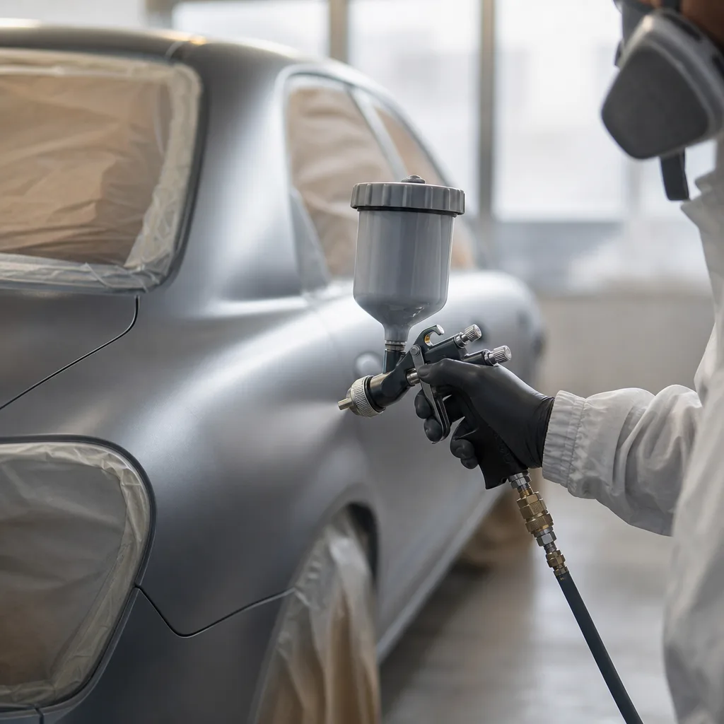 Peinture automobile professionnelle avec pistolet pulvérisateur.